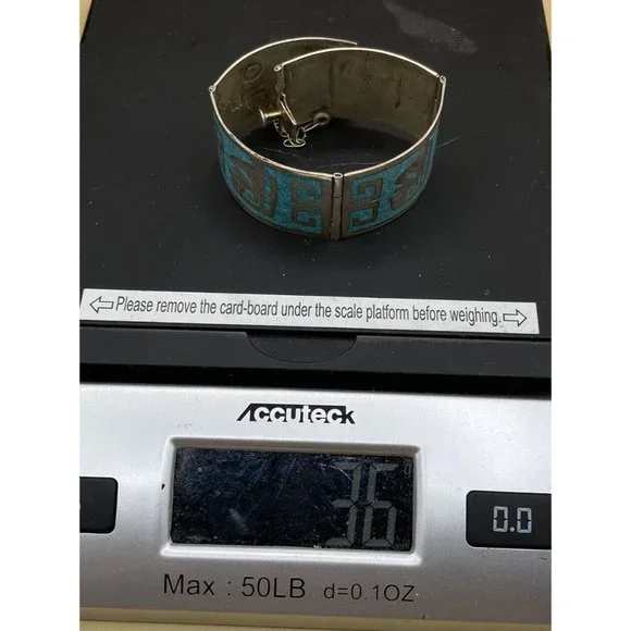 Mexico 925 Sterling Silver Crushed Turquoise Inlay Greek Key Bracelet READ